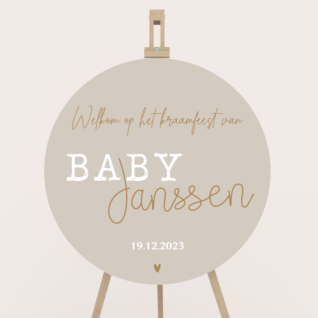 Welkomstbord babyshower kraamfeest rond beige