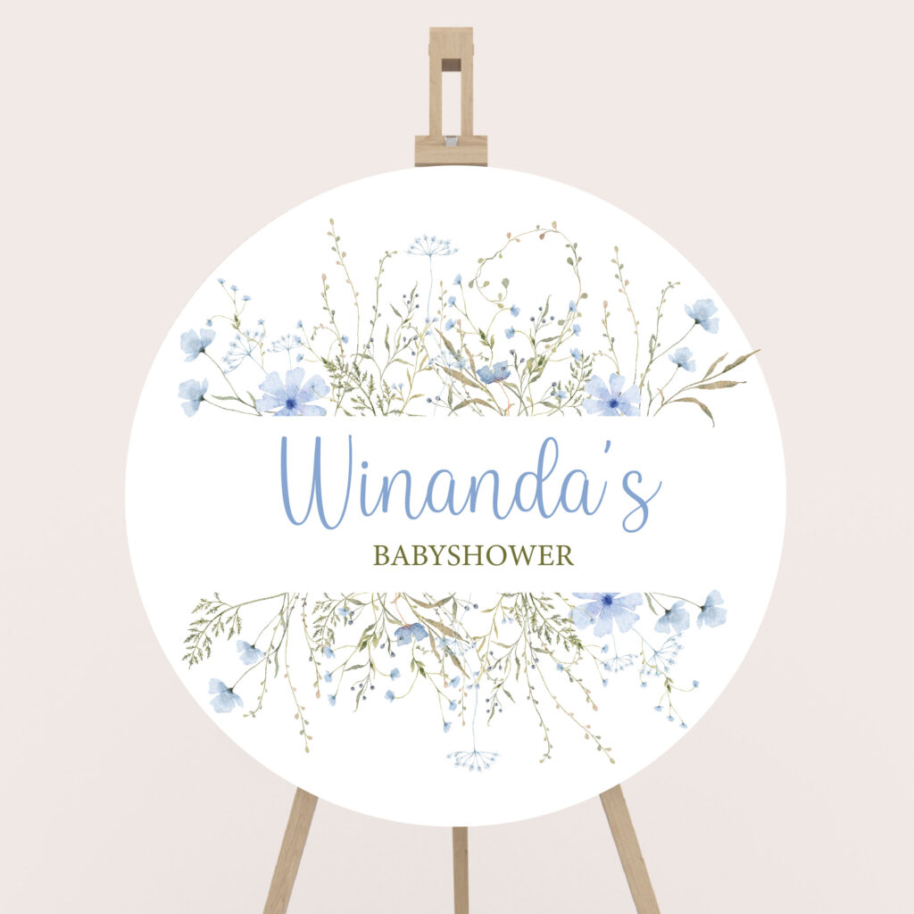 babyshowerbord welkomstbord rond blauwe bloemen