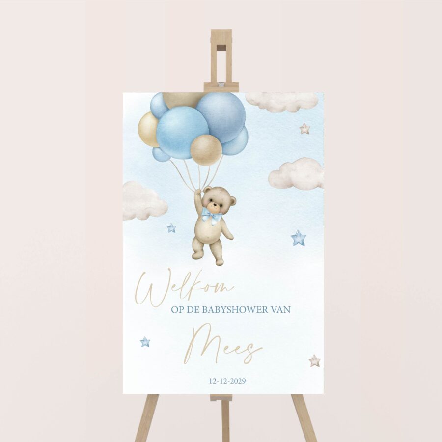 babyshowerbord welkomstbord babyshower vliegende beer blauw koestert